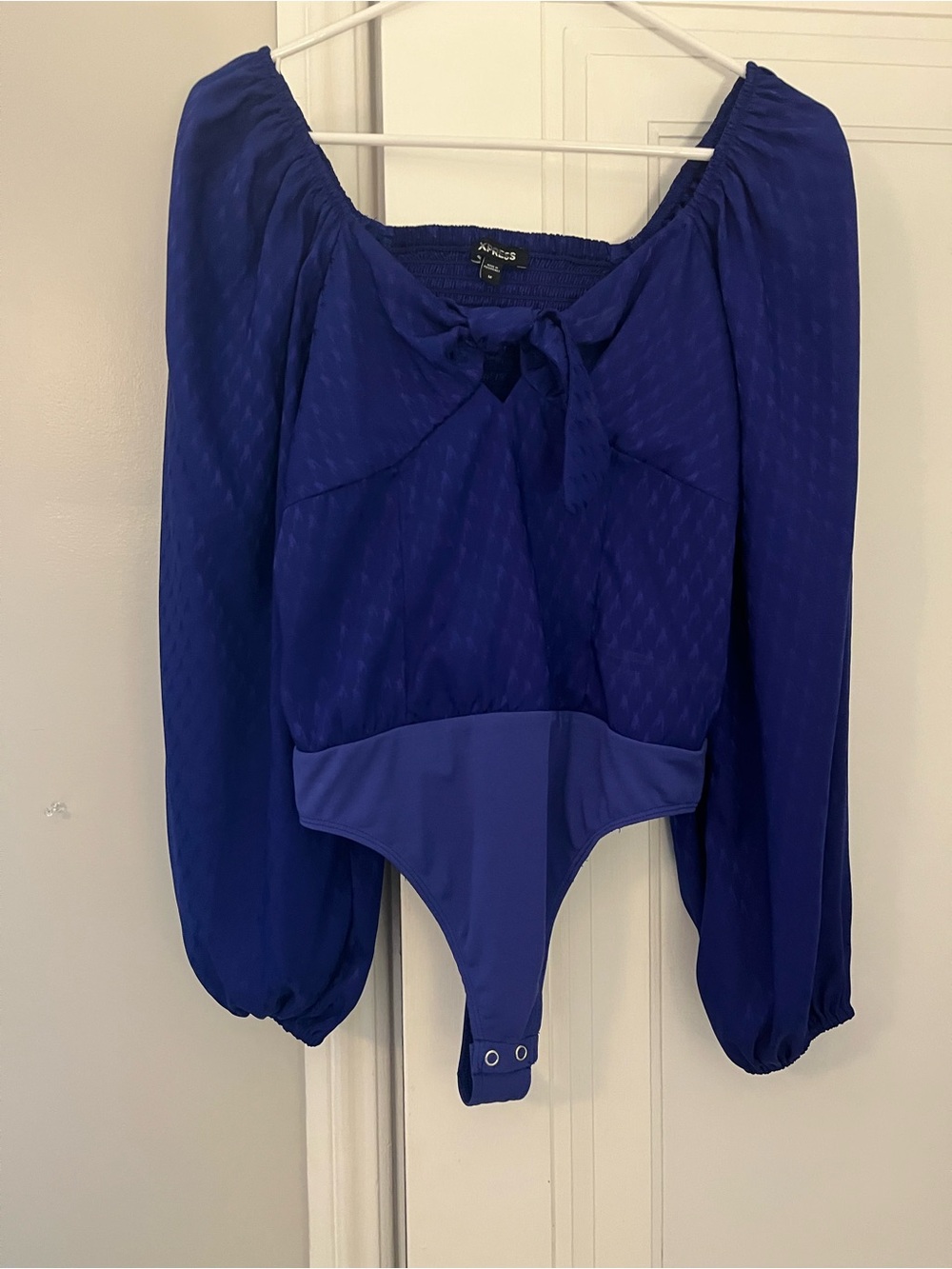 Express Cobalt Blue Smocked Neck Tie-Front Bodysuit